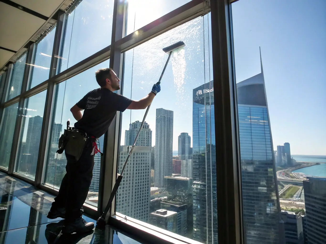 A high-angle shot of a worker cleaning a large glass window of a modern office building, with the city skyline reflected in the glass. The focus is on the cleanliness and clarity of the window after the cleaning.