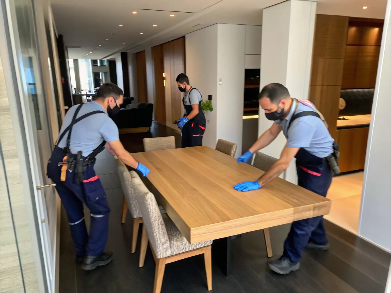 A photograph of FAKSCH movers carefully disassembling a large wooden dining table, preparing it for transport, emphasizing the care taken during the disassembly process.