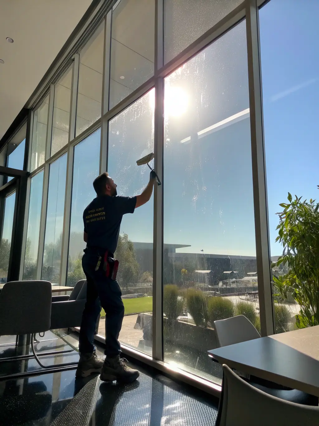 A professional cleaner cleaning large glass windows on a commercial building, representing FAKSCH's building cleaning service.