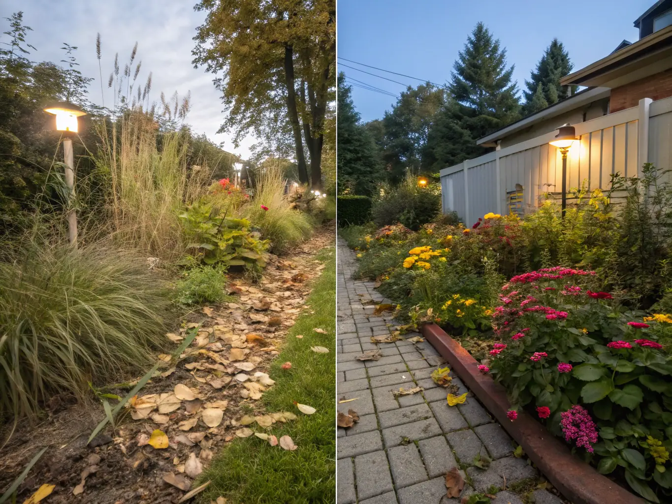 A before-and-after shot of a garden, showing the transformation after FAKSCH's gardening service.