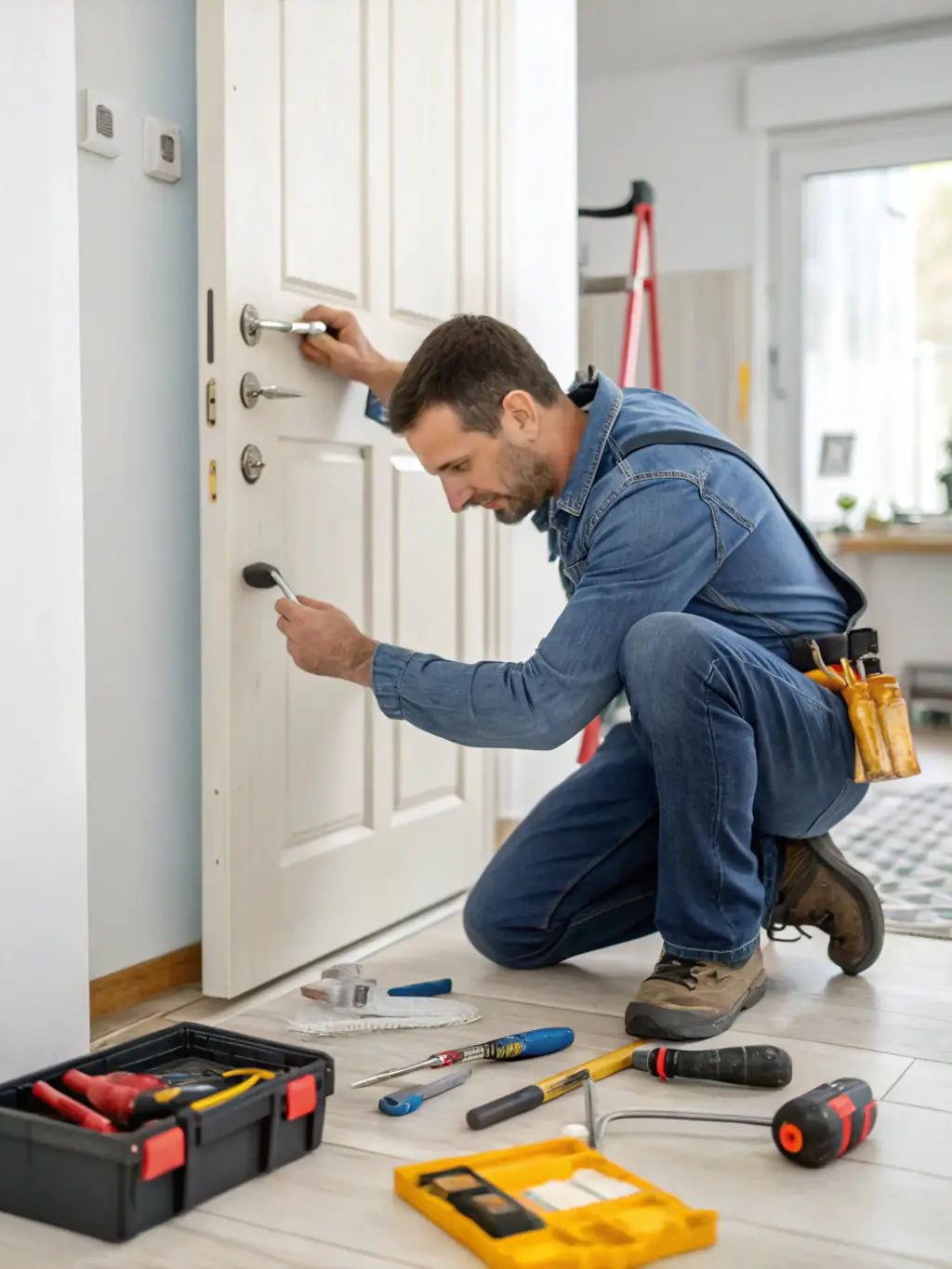 A handyman fixing a loose door handle in an office building, representing FAKSCH's prompt and efficient minor repair services.