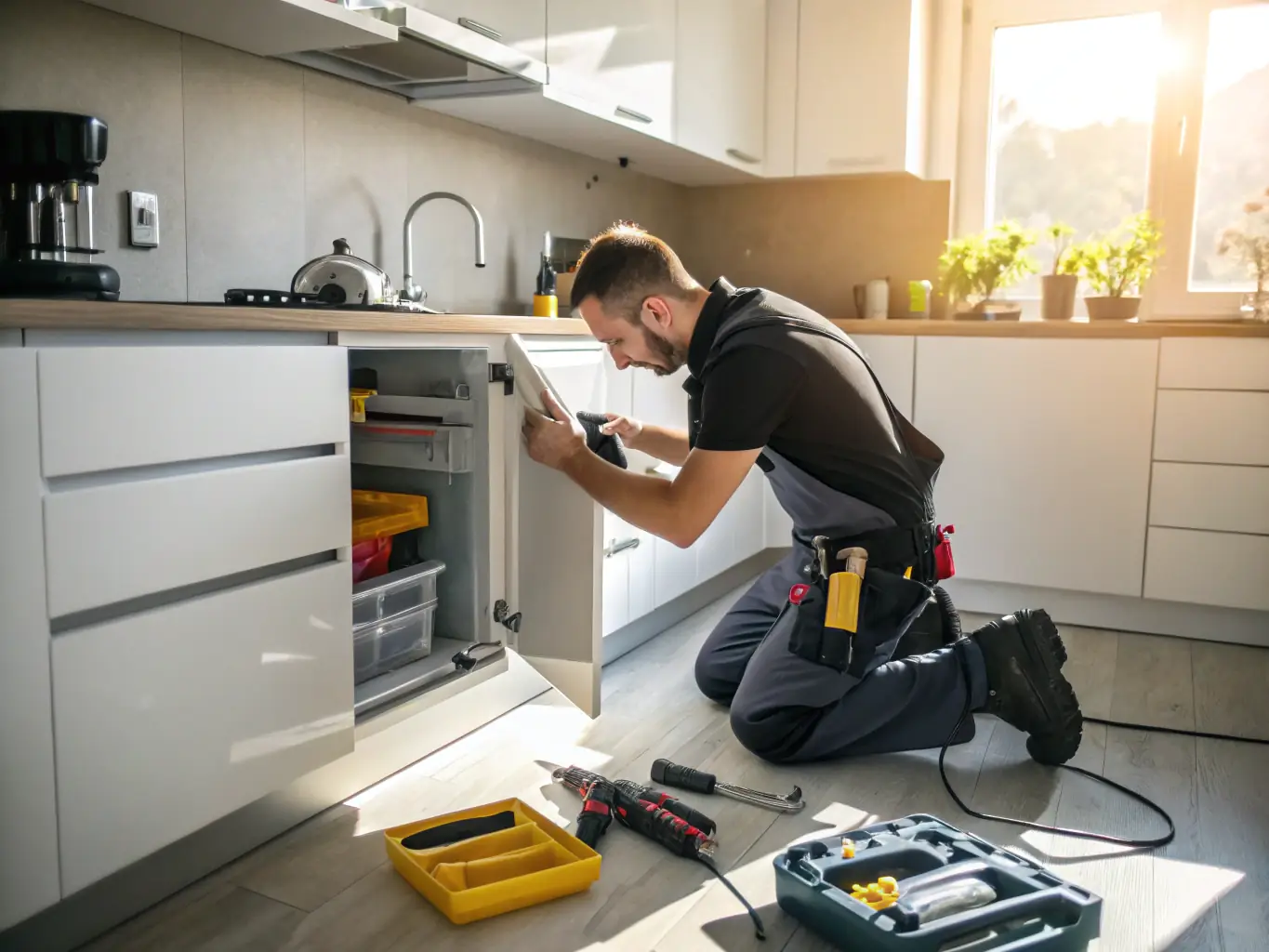 A photograph showing a newly installed, sleek kitchen with a FAKSCH technician making final adjustments to the cabinet alignment, highlighting the quality of the installation.