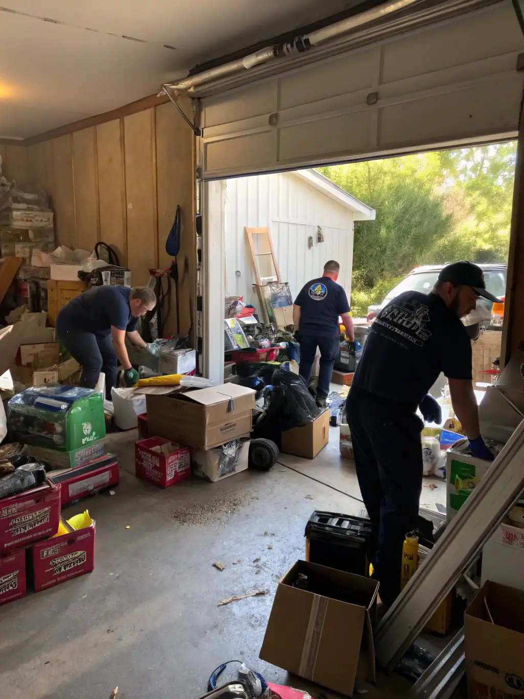 A team clearing out a cluttered garage, with items being sorted for disposal or donation, illustrating FAKSCH's clearance and disposal service.