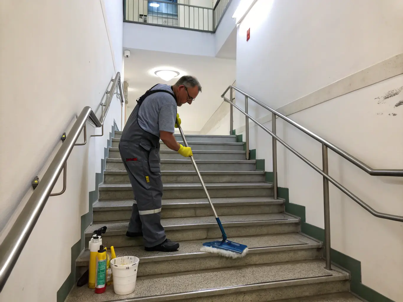 A well-lit stairwell in a commercial building, showcasing clean steps and railings. A cleaning worker is visible in the background, mopping the floor.