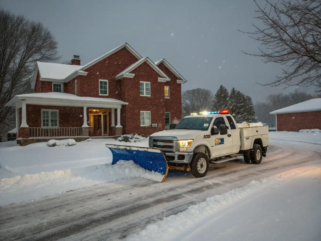 A snow plow clearing a residential driveway during a heavy snowfall, illustrating FAKSCH's winter service.