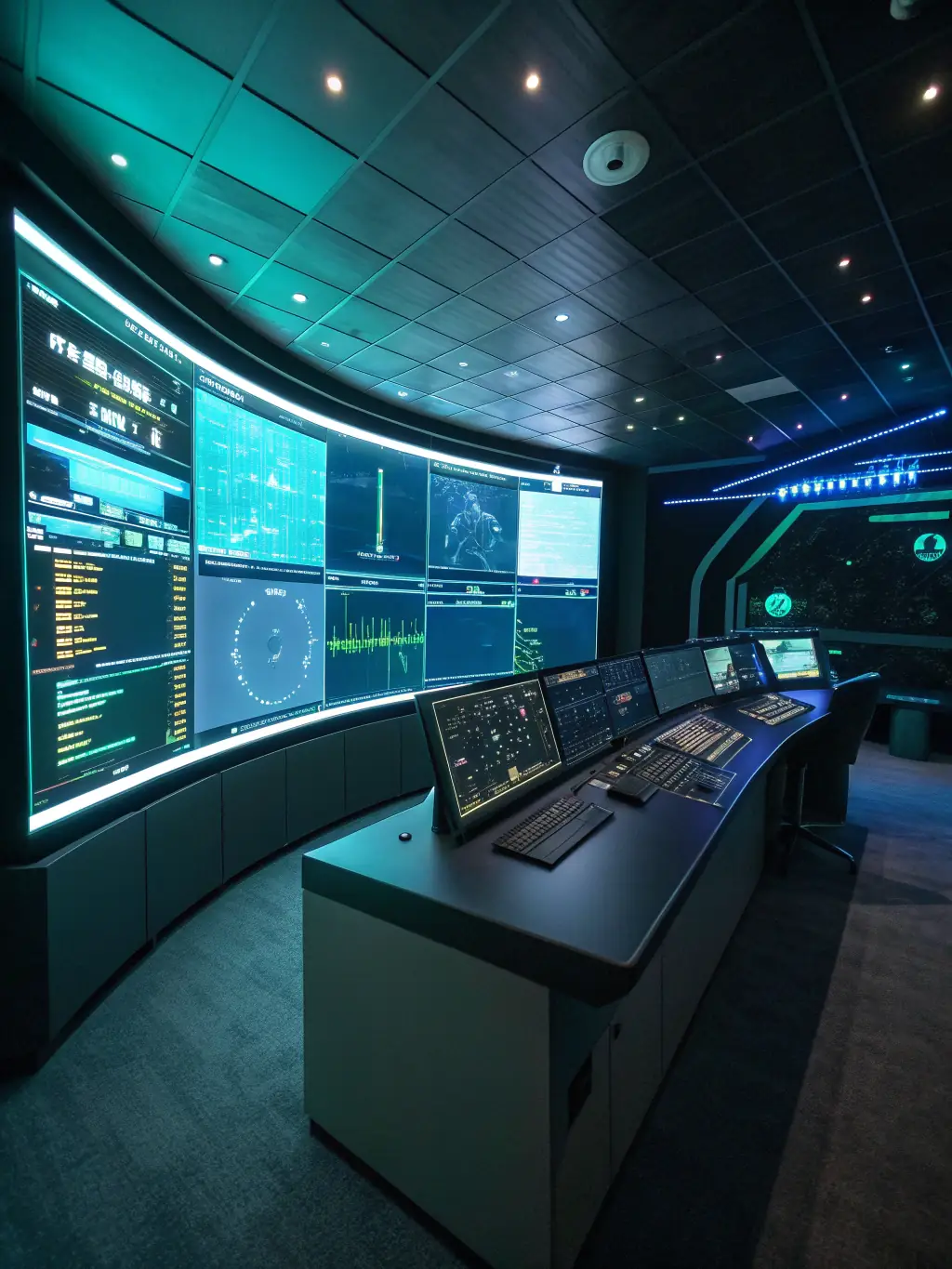 A well-organized control room with various monitoring systems, highlighting FAKSCH's comprehensive control services for building management.