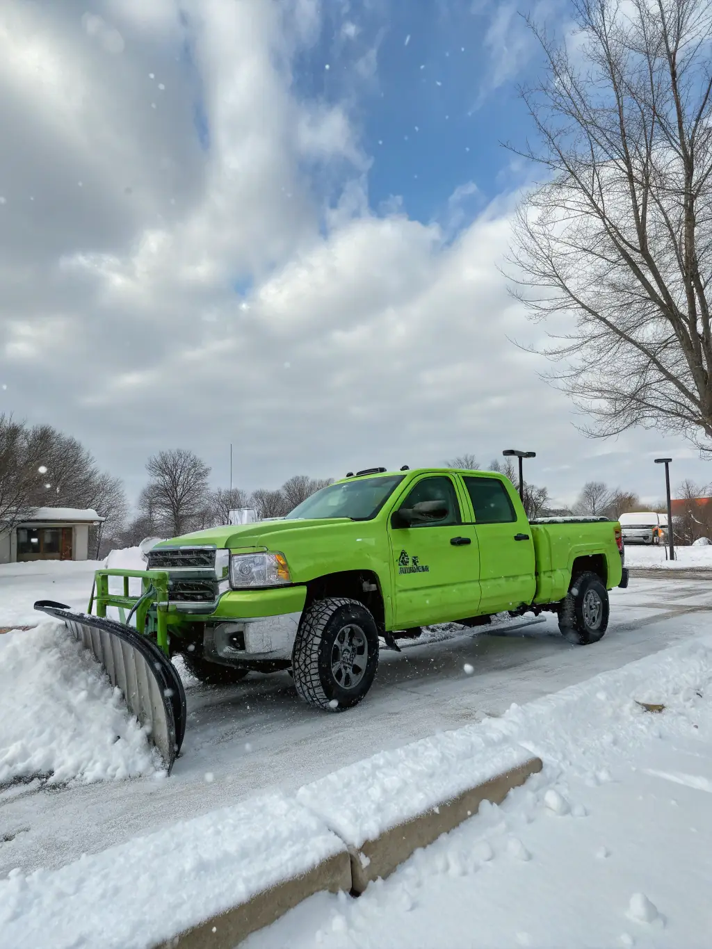 A snow plow clearing a driveway in winter conditions, demonstrating FAKSCH's winter service.