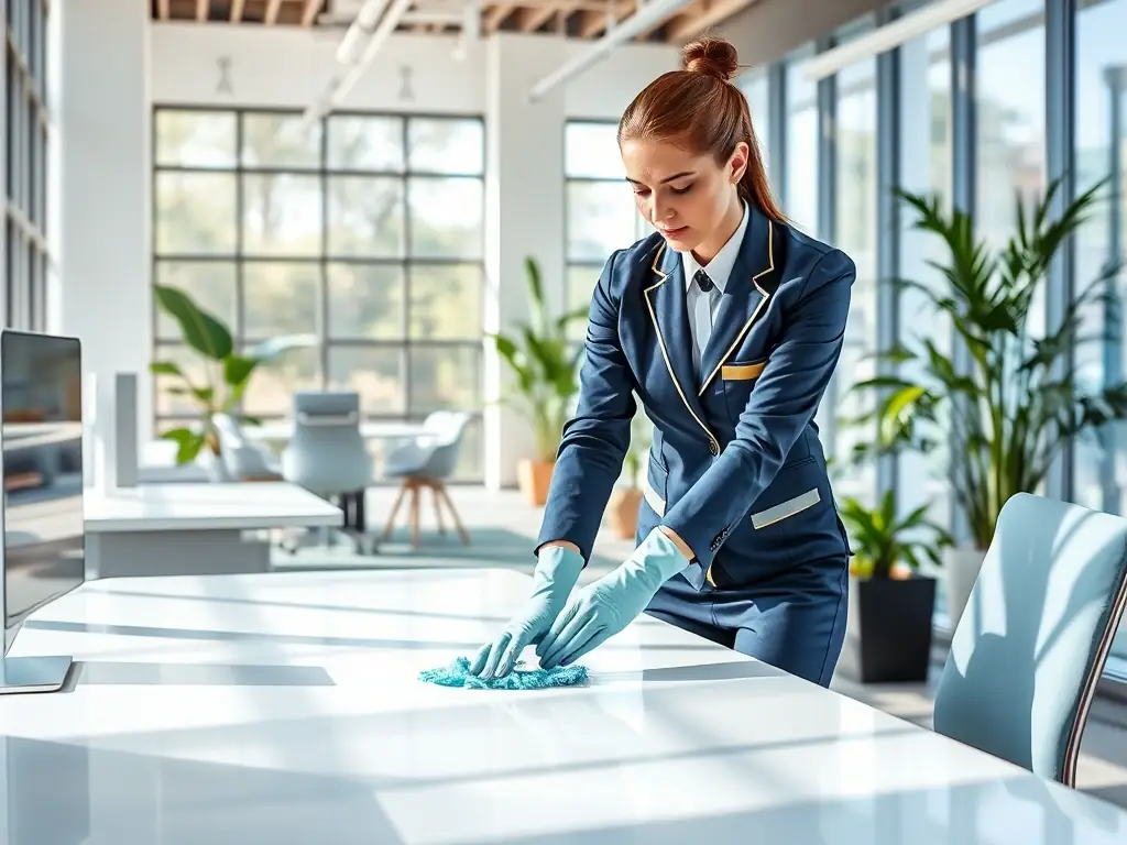 A brightly lit and organized office space, with desks neatly arranged and surfaces gleaming. A cleaning worker is wiping down a desk with a microfiber cloth.