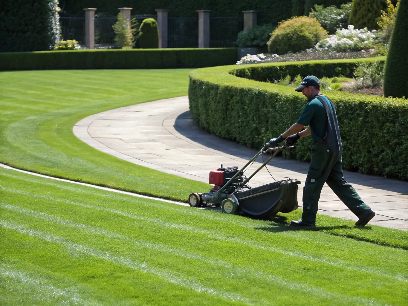 A perfectly manicured green lawn with even stripes, showcasing professional lawn mowing services.