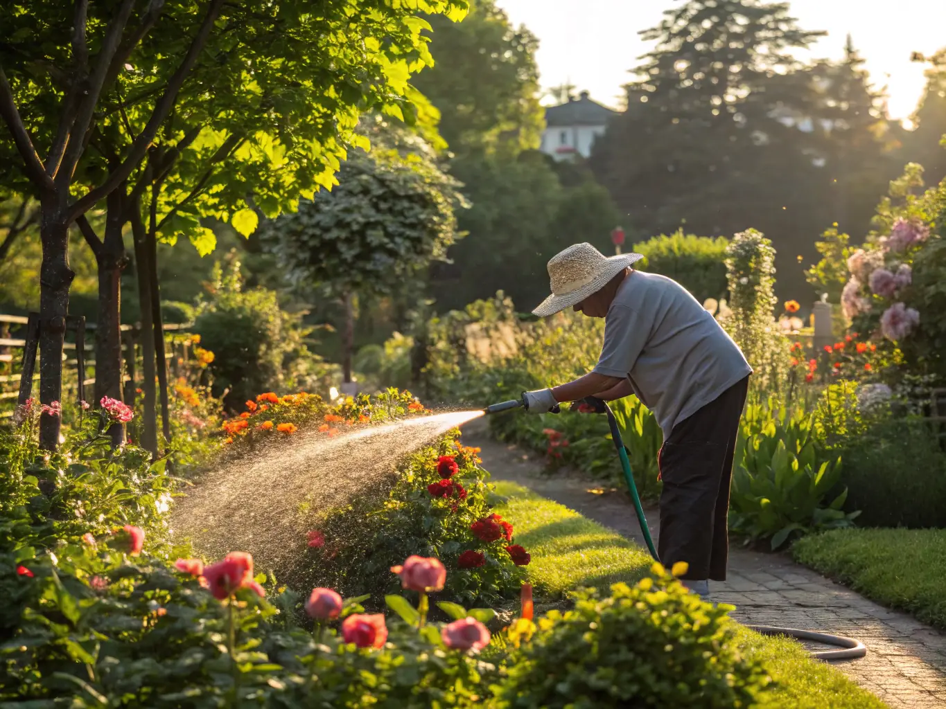 A gardener tending to a lush garden, showcasing FAKSCH's gardening services.